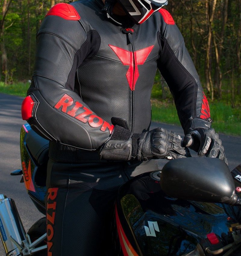 Guy wearing perforated leather motorcycle suit